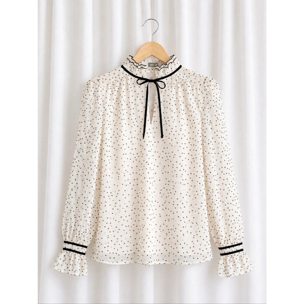 LOFT Creamy Off White Black Flocked Polka Dots Chiffon Overlay Romantic Blouse